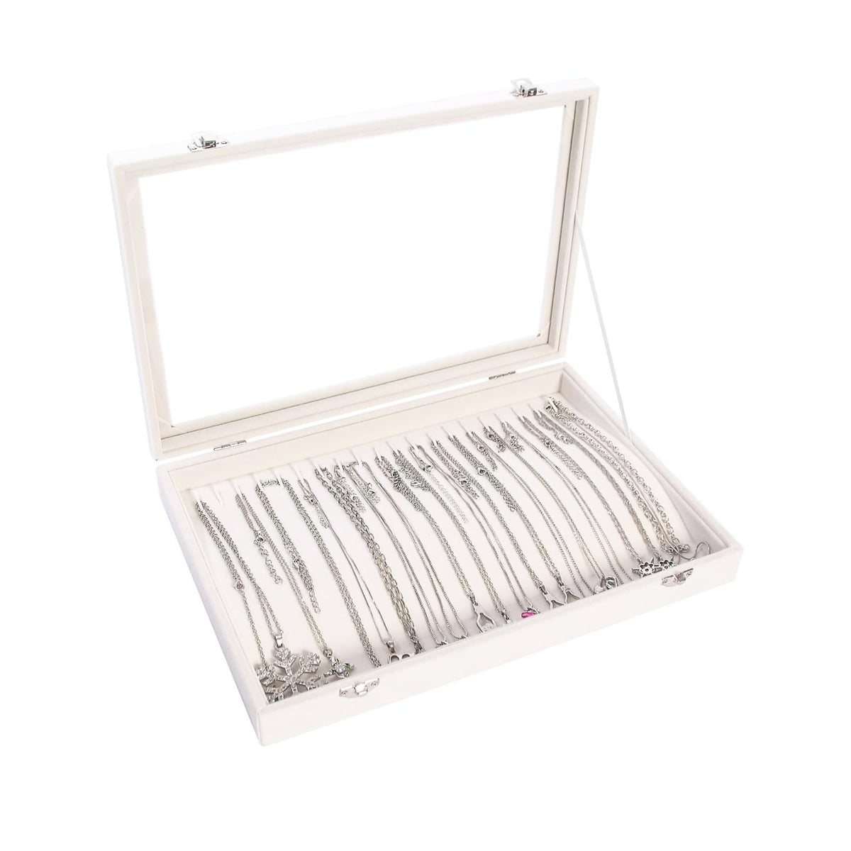 Coward Sunglass Organizer Tray Box, Beige Velvet Grids Eyeglasses Display Tray Case with Transparent Glass Lid for Home Use or Store Shop Selling Show