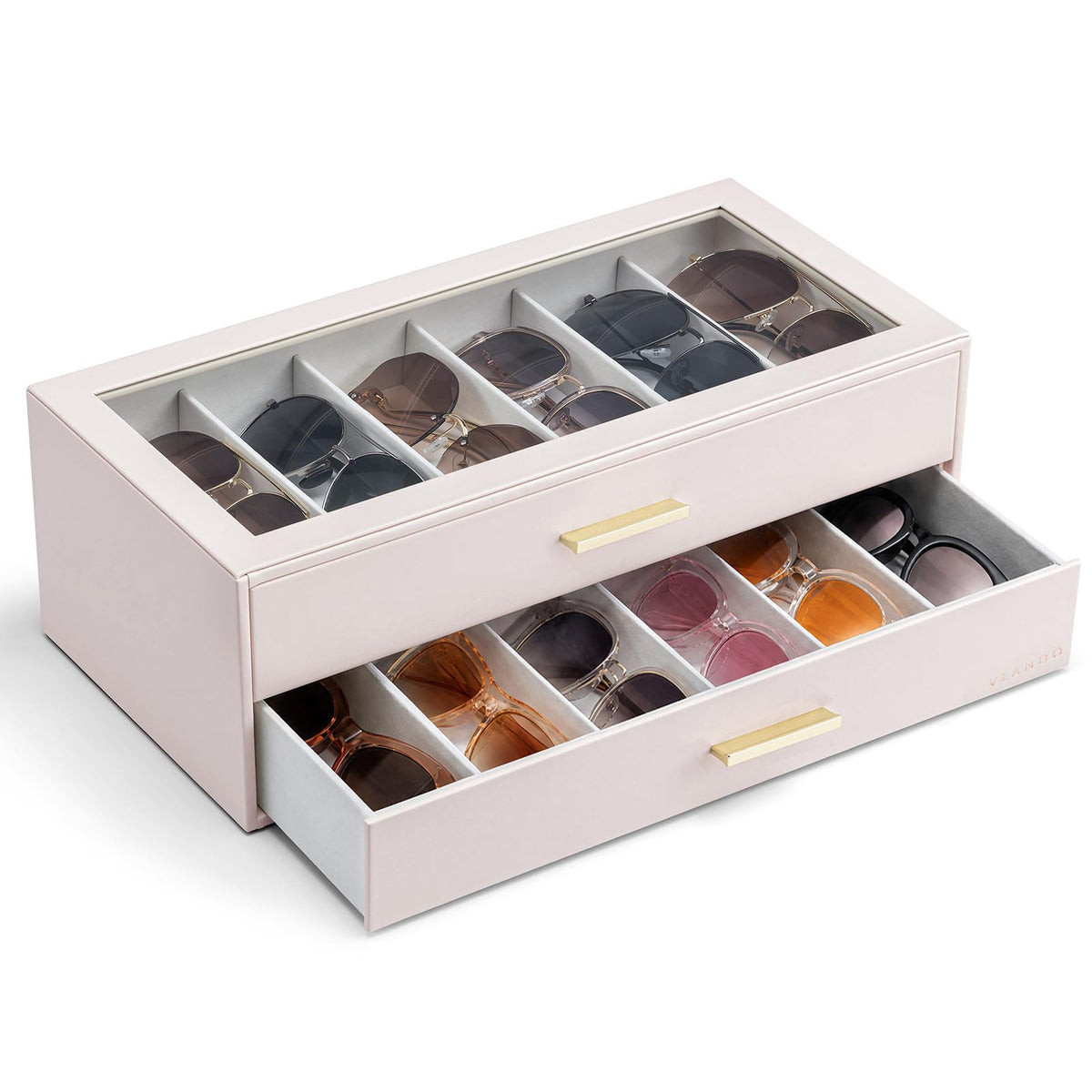 VLANDO 18-Slot Sunglasses Organizer Case with Clear Lid & 3 Drawers,Beige