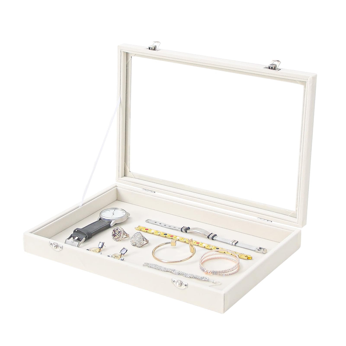 Coward Sunglass Organizer Tray Box, Beige Velvet Grids Eyeglasses Display Tray Case with Transparent Glass Lid for Home Use or Store Shop Selling Show