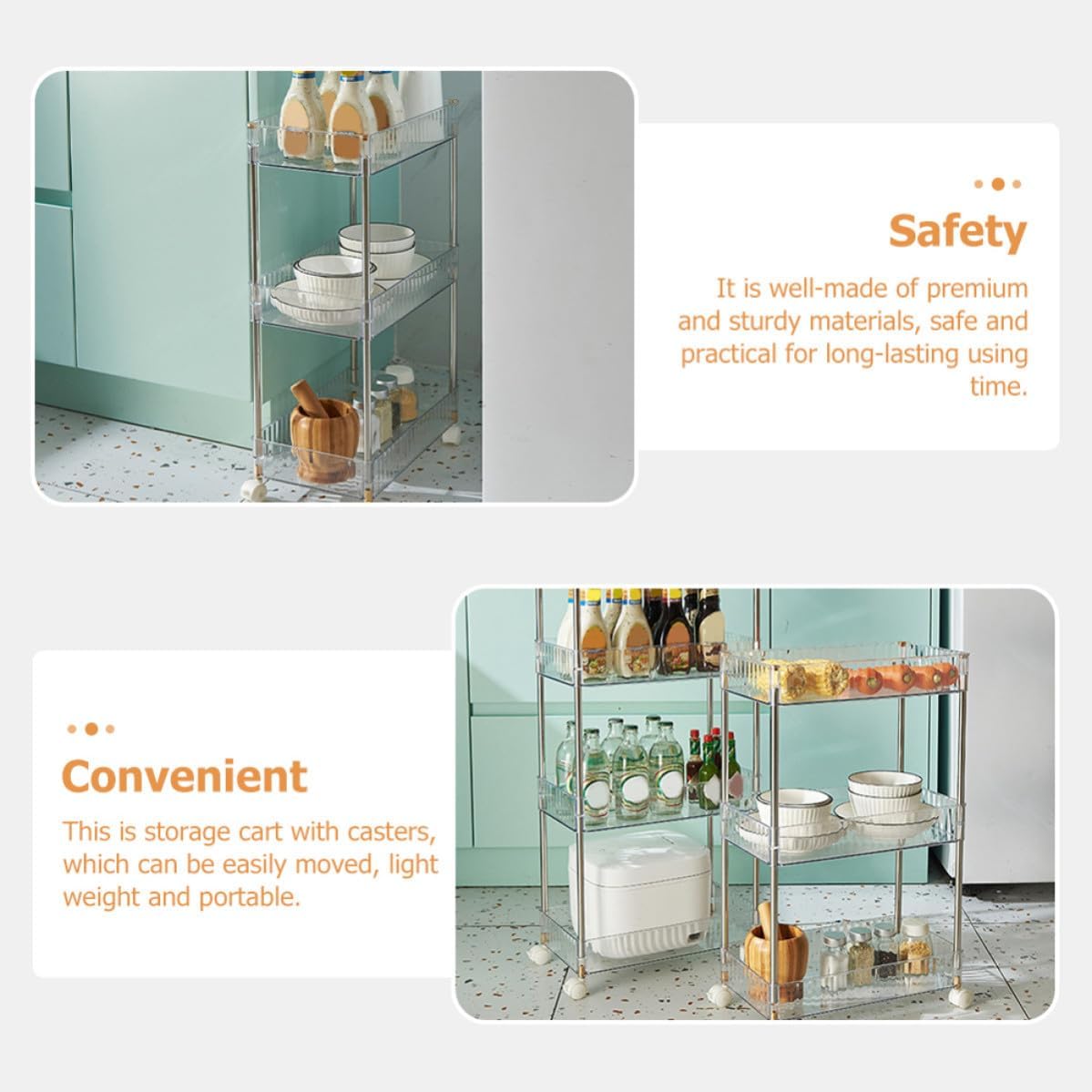 Three Layer Bathroom Storage Cart Plastic Stainless Steel Organizer