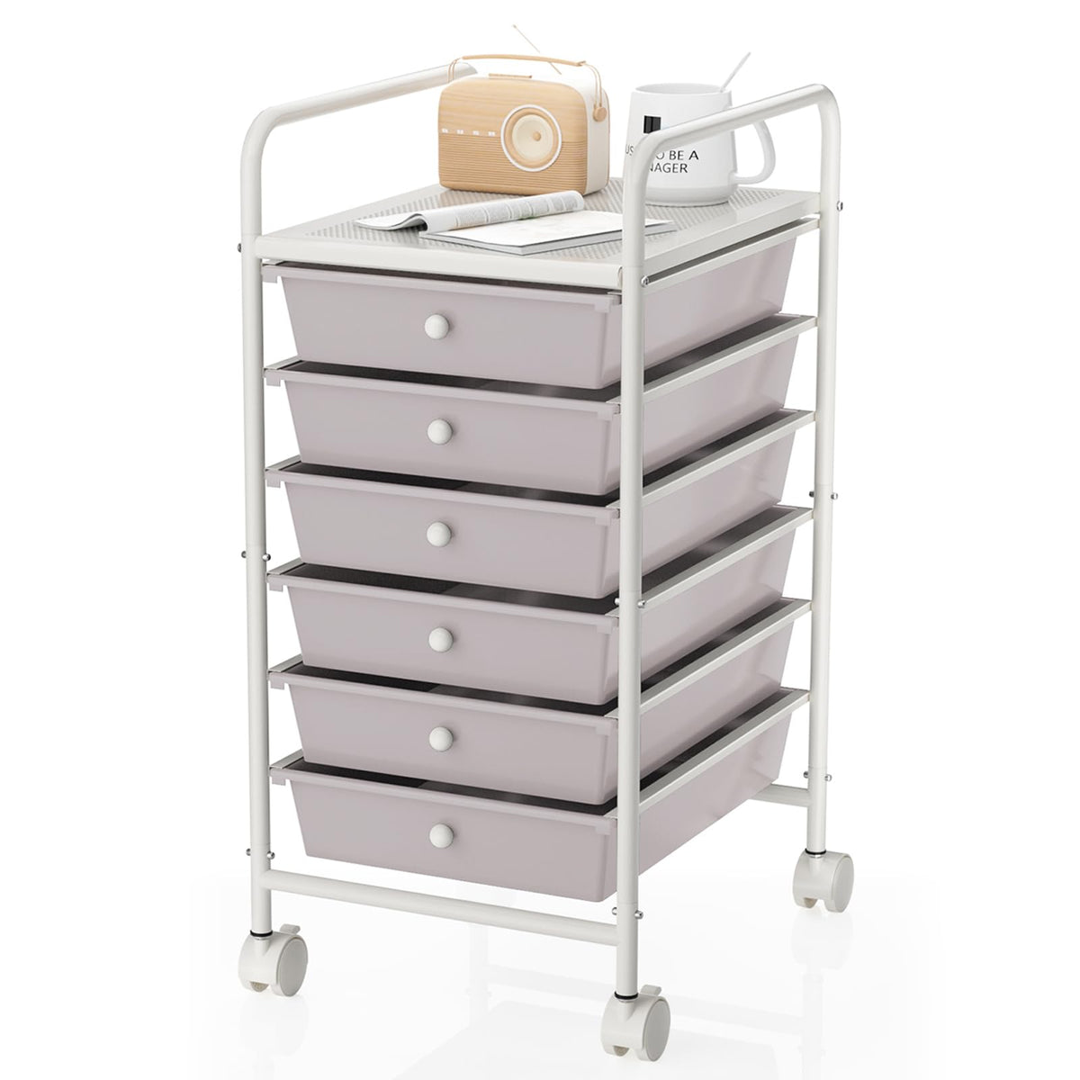 Rolling Storage Cart with Drawers 6-Tier Lock Wheels Office White