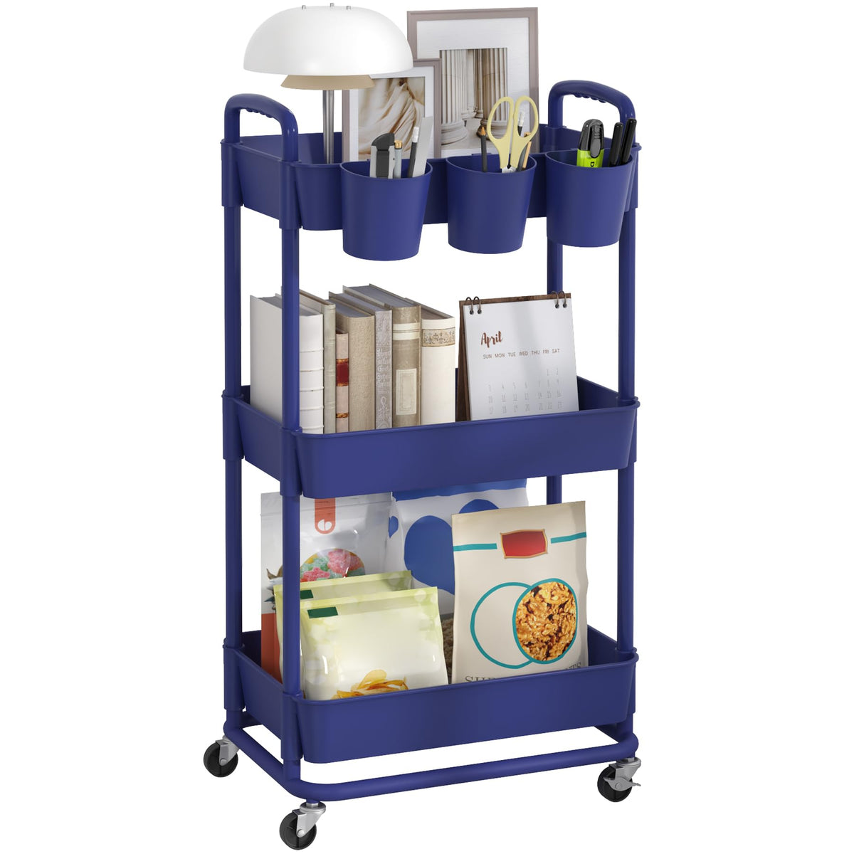 JIUYOTREE 4-Tier Plastic Rolling Storage Cart Utility Cart White