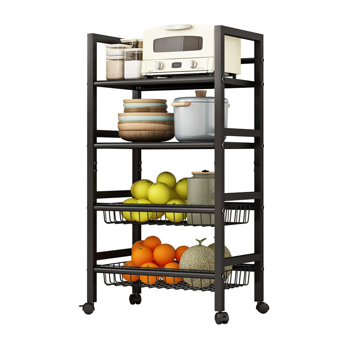4-Tier Rolling Metal Storage Cart Mobile Organizer with Removable Grid Basket and Locking Wheels, Suitable for Multiple Uses, Black (Large)