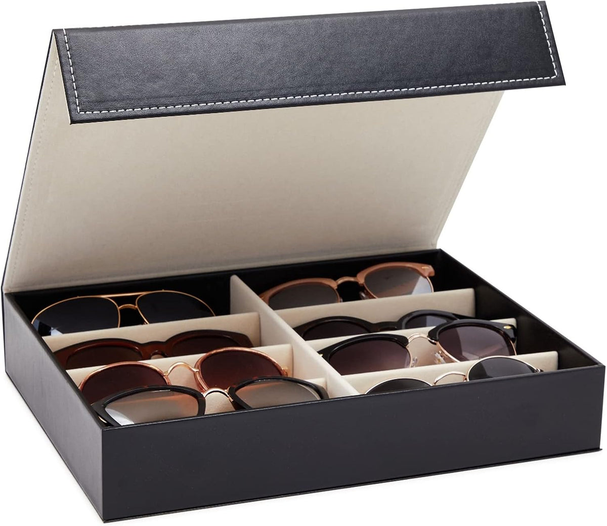 Juvale Glasses Case Organizer - 8-Slot, 12.6 x 9.8 x 2.5 in, Black Faux Leather - Sunglasses Storage & Holder for Nightstand & Desk - Flip-Top Display Case