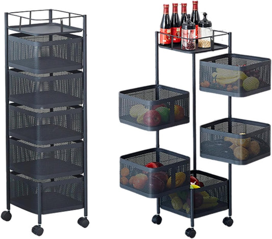 5 Tier Rotating Rolling Storage Cart with Top Lid & 360° Wheels, Metal Mesh Rolling Cart Organizer for Fruits Vegetables Groceries Potato Onion Corns, Kitchen Storage Cart No Assembly, White