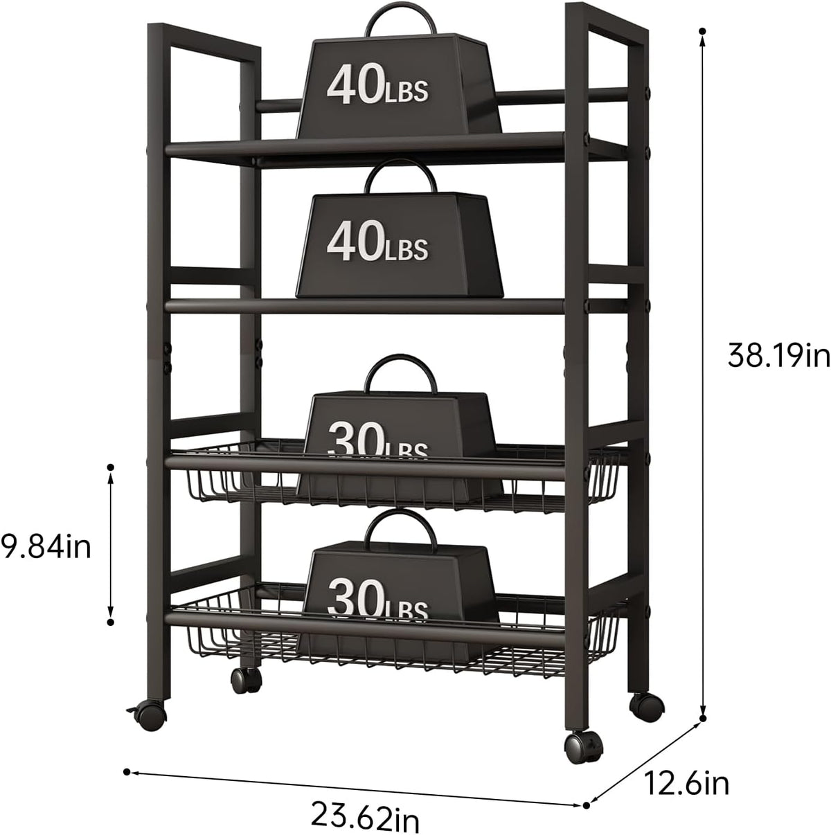 4-Tier Rolling Metal Storage Cart Mobile Organizer with Removable Grid Basket and Locking Wheels, Suitable for Multiple Uses, Black (Large)