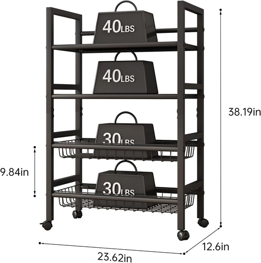 4-Tier Rolling Metal Storage Cart Mobile Organizer with Removable Grid Basket and Locking Wheels, Suitable for Multiple Uses, Black (Large)