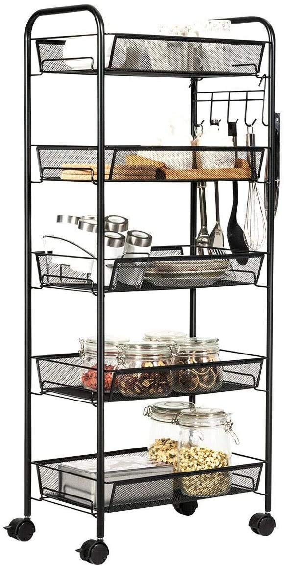 JANE EYRE 5-Tier Rolling Utility Storage Rack Cart on Wheels, Trolley Craft cart, Multi-Purpose Organizer Shelf, White