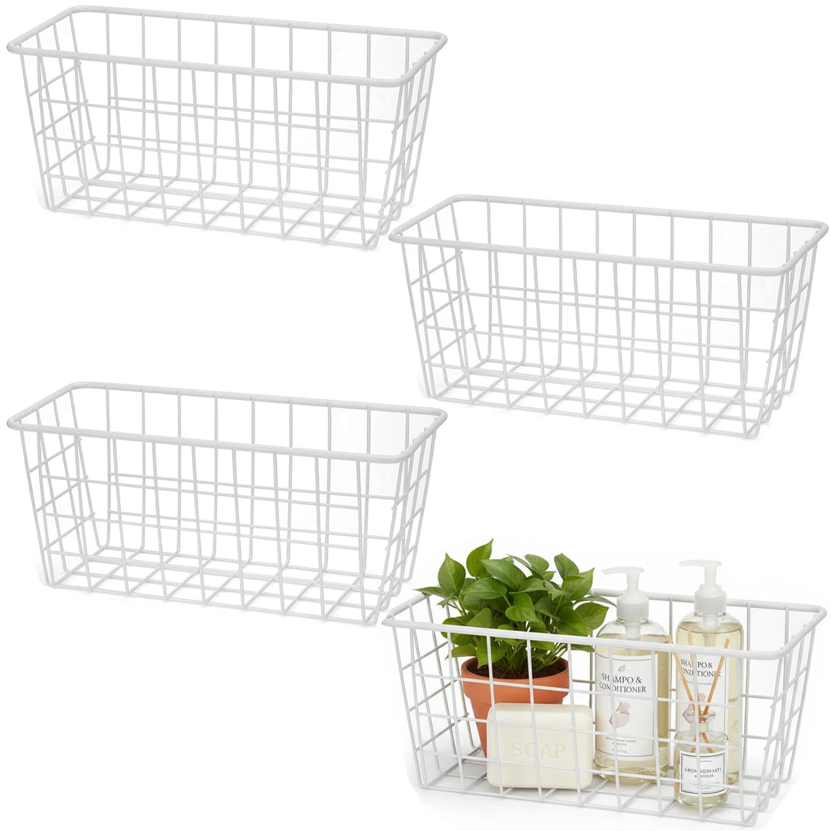 Hanging Kitchen Baskets Adhesive Sturdy Wire Storage Baskets with Kitchen Food Pantry Bathroom Shelf Storage No Drilling Wall Mounted,White,2 Pack