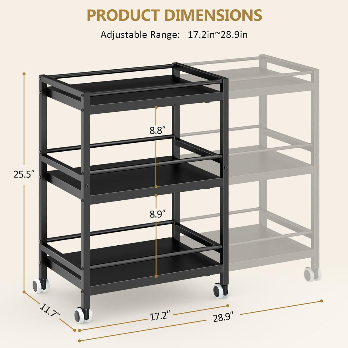 3-Tier Expandable Rolling Pantry Organizers and Storage Cart with Wheels, Adjustable Pantry Floor Organizer, Snack Cart for Pantry, Kitchen Storage Cart with 4 Hooks for Snack, Food, Vegetables, Black