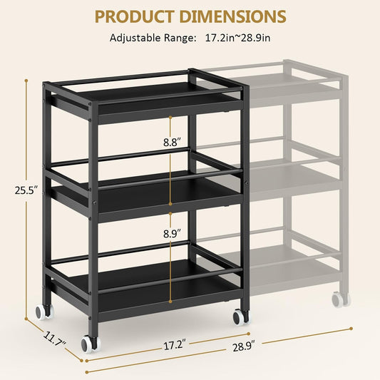 3-Tier Expandable Rolling Pantry Organizers and Storage Cart with Wheels, Adjustable Pantry Floor Organizer, Snack Cart for Pantry, Kitchen Storage Cart with 4 Hooks for Snack, Food, Vegetables, Black