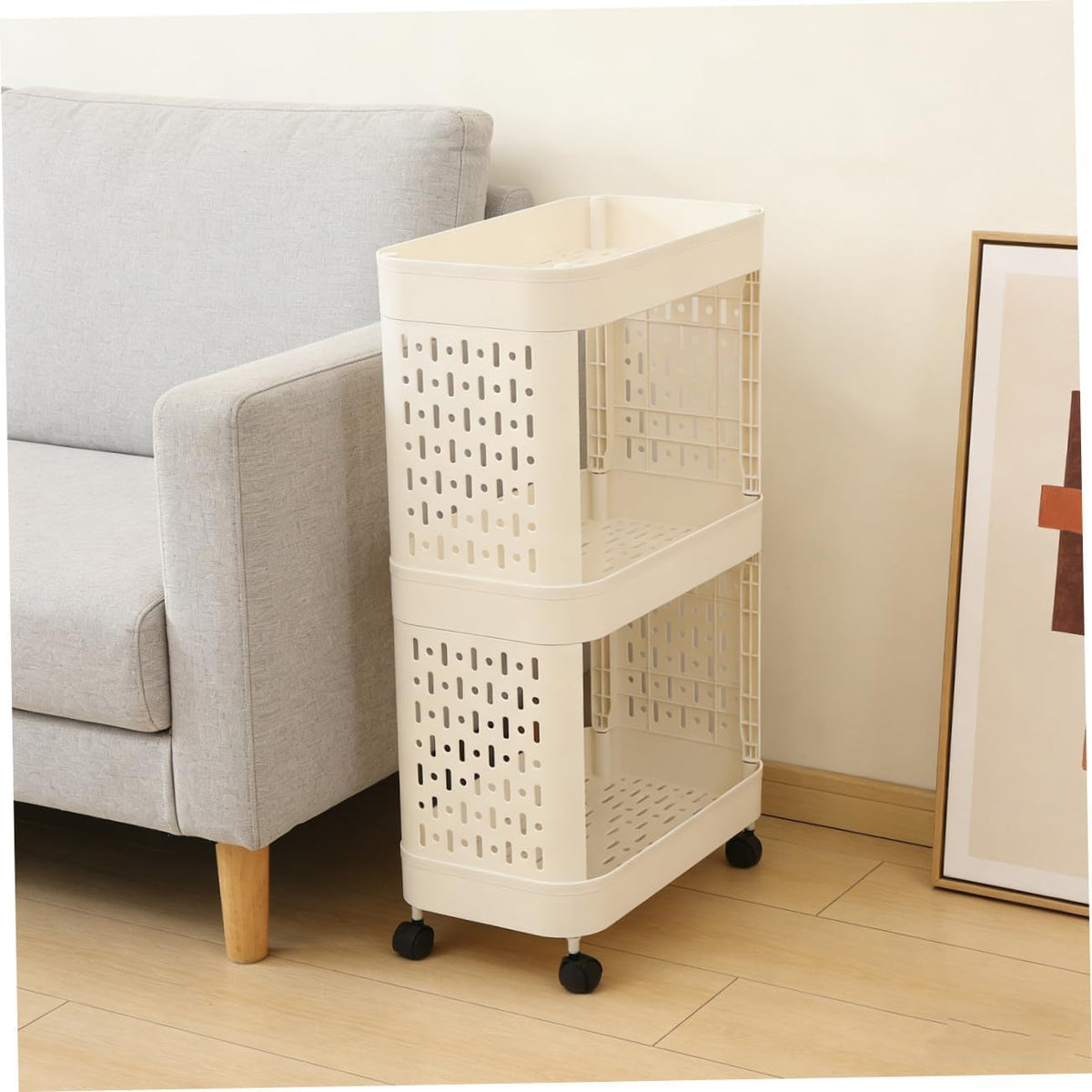 Beige Plastic Desk under Rolling Storage Cart for Home Office