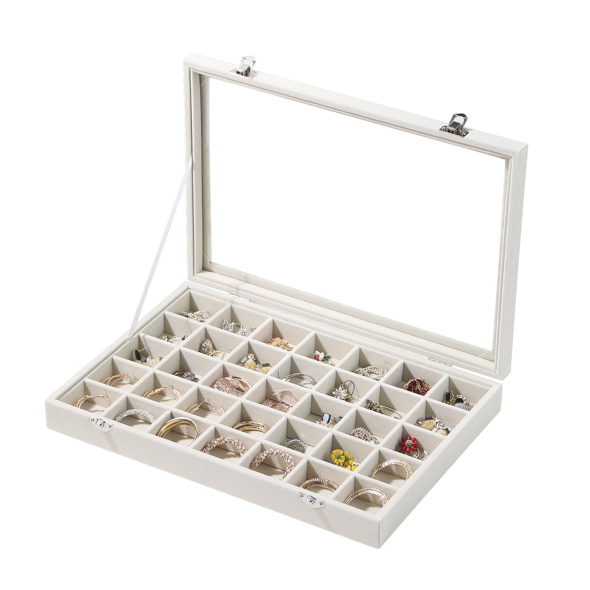 Coward Sunglass Organizer Tray Box, Beige Velvet Grids Eyeglasses Display Tray Case with Transparent Glass Lid for Home Use or Store Shop Selling Show