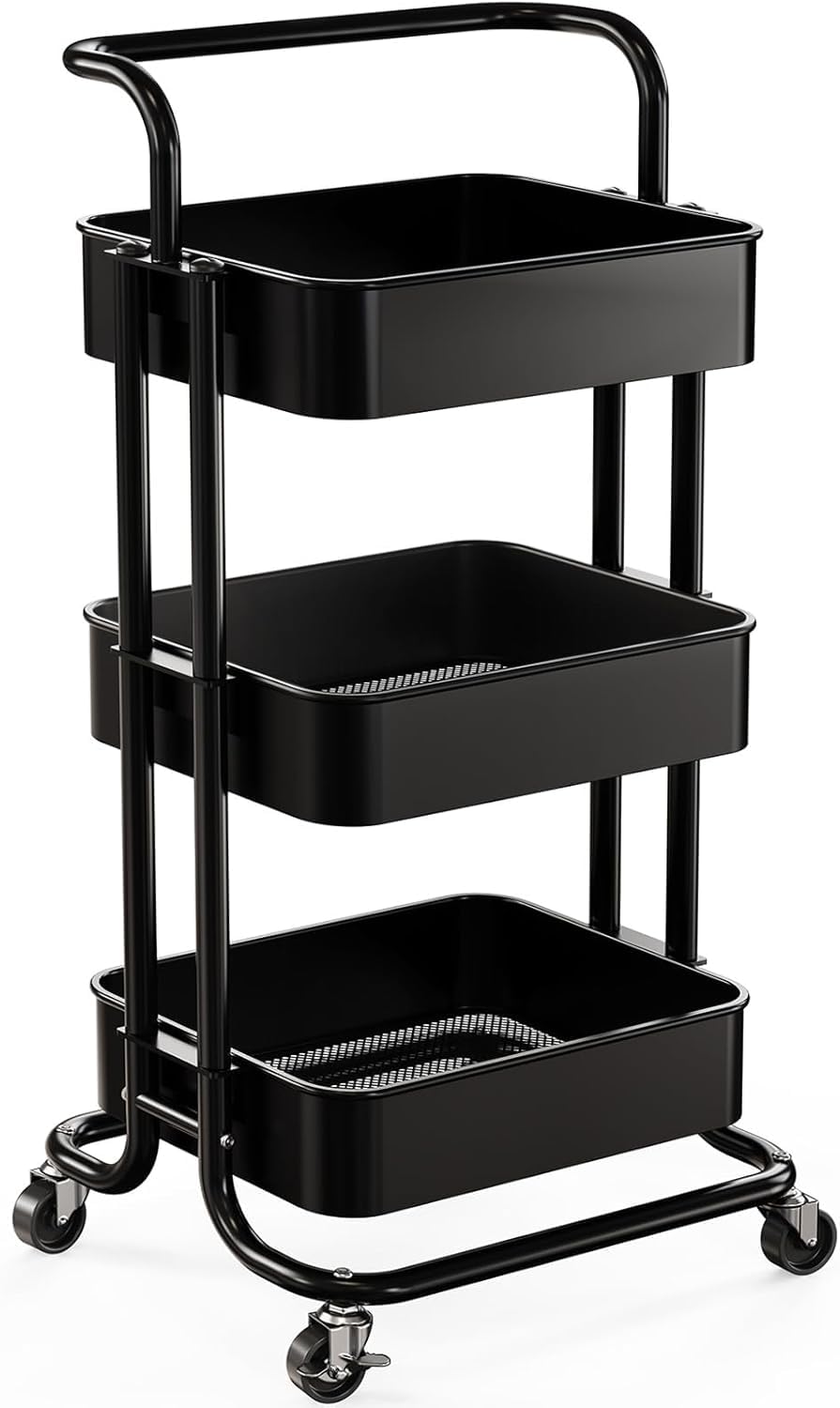 Pipishell 3 Tier Rolling Cart, Utility Cart with Wheels & Handle, White