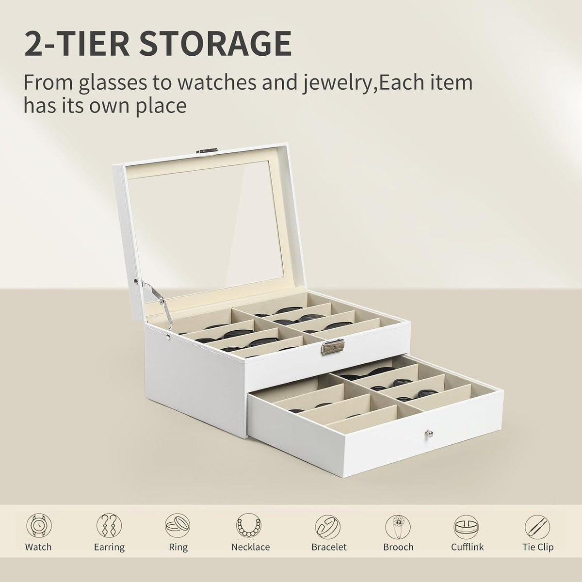 AUTOARK Leather 16 Piece Eyeglasses Storage Case Organizer,White,AW-151
