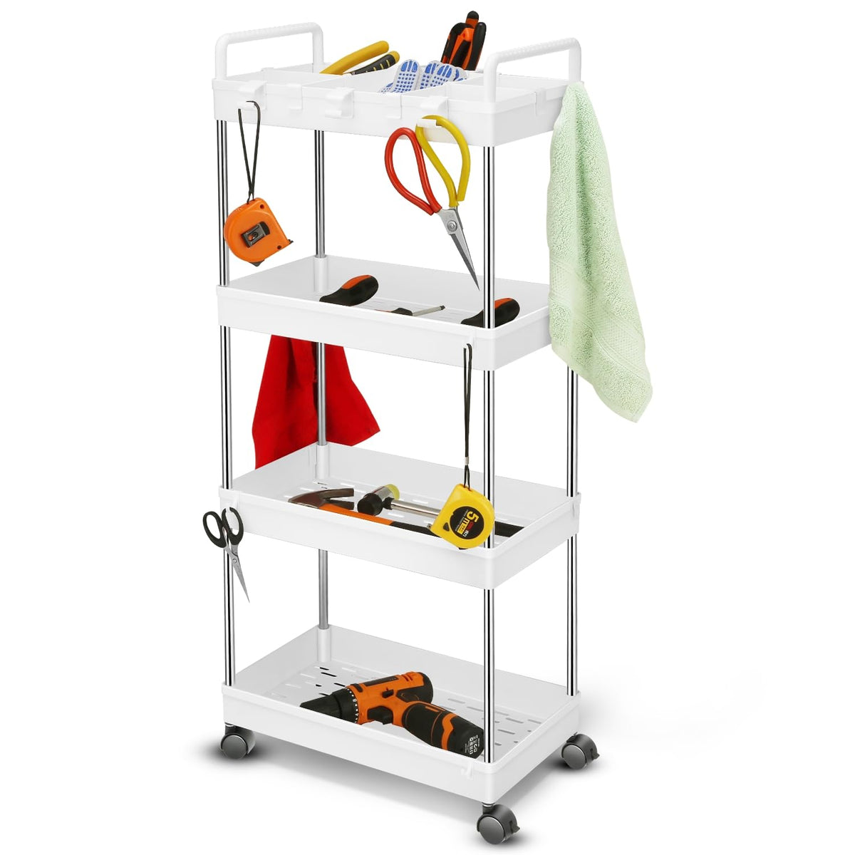 Auto Dynasty 3-Tier Rolling Utility Cart w/Handle, Narrow Storage, White