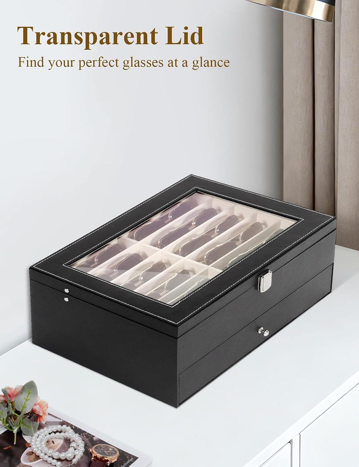 Sunglasses Storage Organizer Case with 24 Adjustable Slots, 2 Layer Multi Eyeglass Glasses Display Box with Lid Women