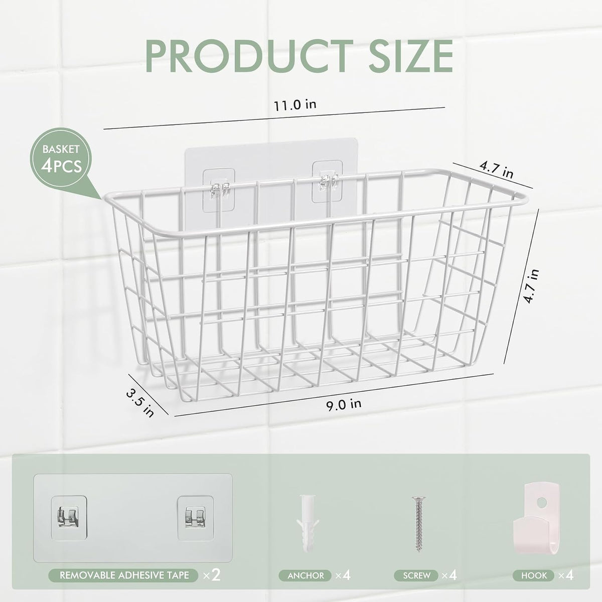 Wire Hanging Wall Basket, 4 White Metal Baskets, Adhesive Cabinet Organizer