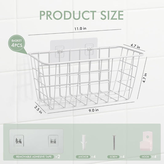 Wire Hanging Wall Basket, 4 White Metal Baskets, Adhesive Cabinet Organizer