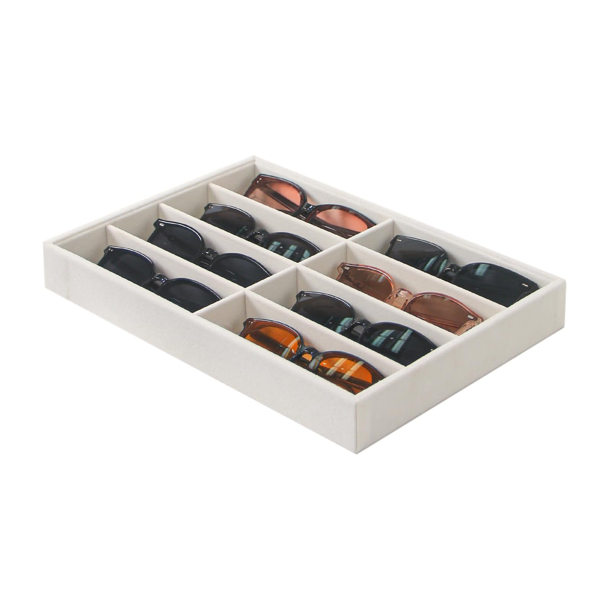 Jewelry Sunglasses Organizer Tray, Beige Velvet Eyeglasses Display Tray Box, Glasses Organize Storage Holder for Home Desk or Selling Show Display (with Lid)