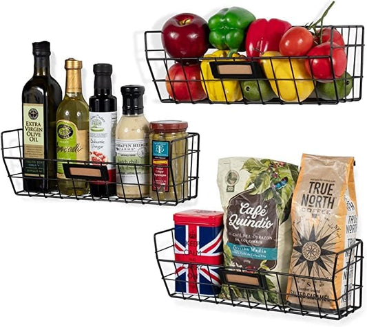 Wall Mounted Wire Basket Kitchen Storage Pantry Organizer Fruit Basket Varying Sizes Set of 3 Black