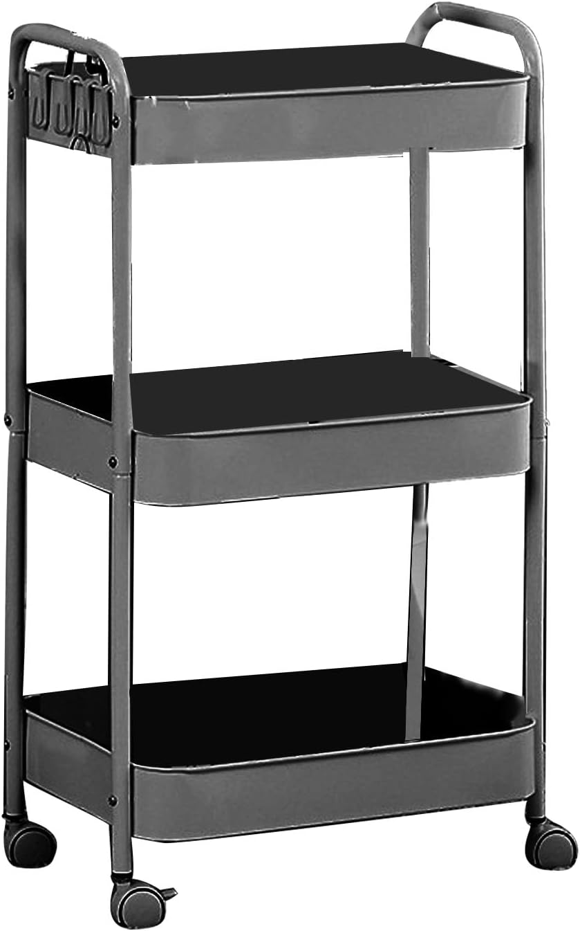 3 Tier Utility Rolling Cart, Movable Storage Organizer Trolley with Caster Wheels, Carbon Steel Multifunctional Shelving Cart for Kitchen Bathroom Bedroom Living Room (3 Layer)