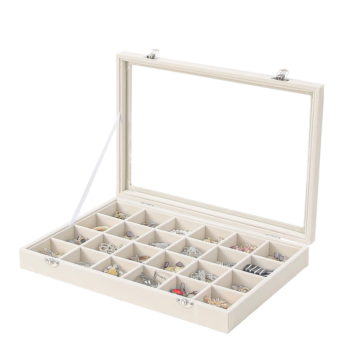 Coward Sunglass Organizer Tray Box, Beige Velvet Grids Eyeglasses Display Tray Case with Transparent Glass Lid for Home Use or Store Shop Selling Show