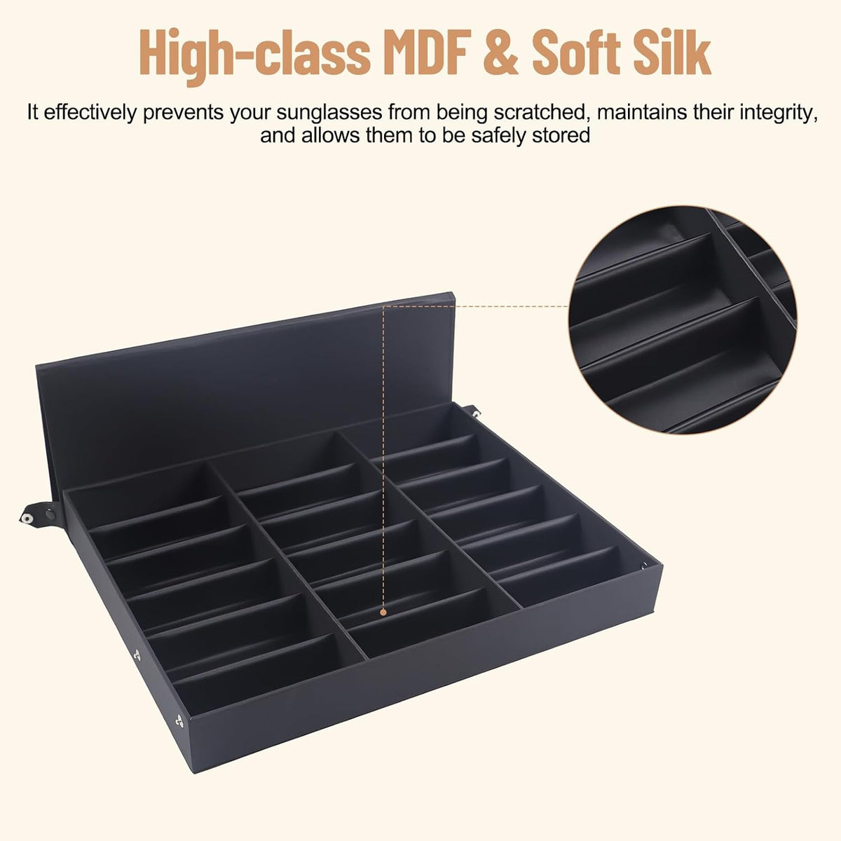 18 Slot Sunglasses Organizer Display Case,Eyeglass Storage Box with Stand,Sunglass Display Stand,Fabric Lined & Snap Closure for Eyewear,Jewelry & Watches (Black)