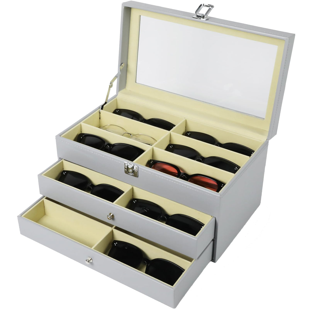 Sunglasses Organizer 18/20 Slots, Multiple Pairs Glasses Storage Case Leather Eyeglasses Display Box for Women Men