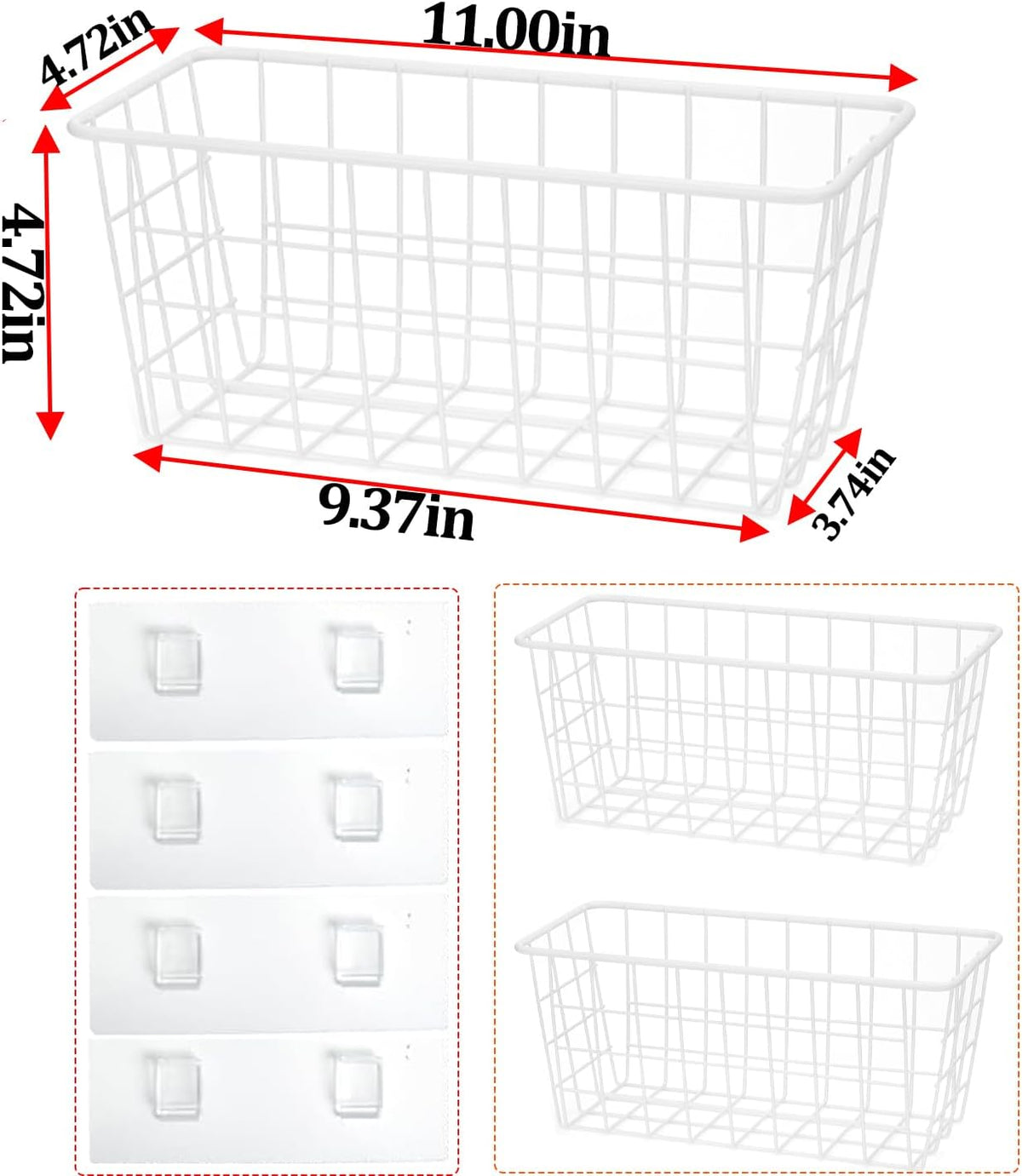 Hanging Kitchen Baskets Adhesive Sturdy Wire Storage Baskets with Kitchen Food Pantry Bathroom Shelf Storage No Drilling Wall Mounted,White,2 Pack