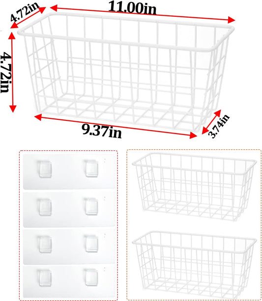 Hanging Kitchen Baskets Adhesive Sturdy Wire Storage Baskets with Kitchen Food Pantry Bathroom Shelf Storage No Drilling Wall Mounted,White,2 Pack