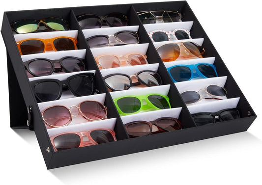 Juvale 18-Slot Sunglass Organizer & Sunglasses Case - Black 18.7 x 14.9 x 2.4 in - Eyeglass Holder & Glass Display Box for Desk & Vanity - Travel Storage Organizer & Watch Storage Box