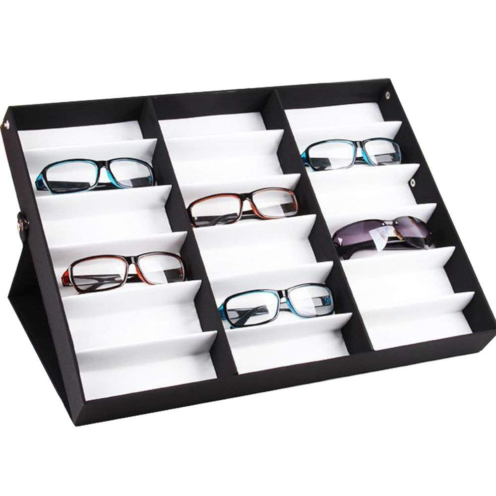 18 Slot Sunglasses Organizer Storage Multiple Eyeglasses Holder Display Case/Tray, Polyester Silk Lined & Snap Closure