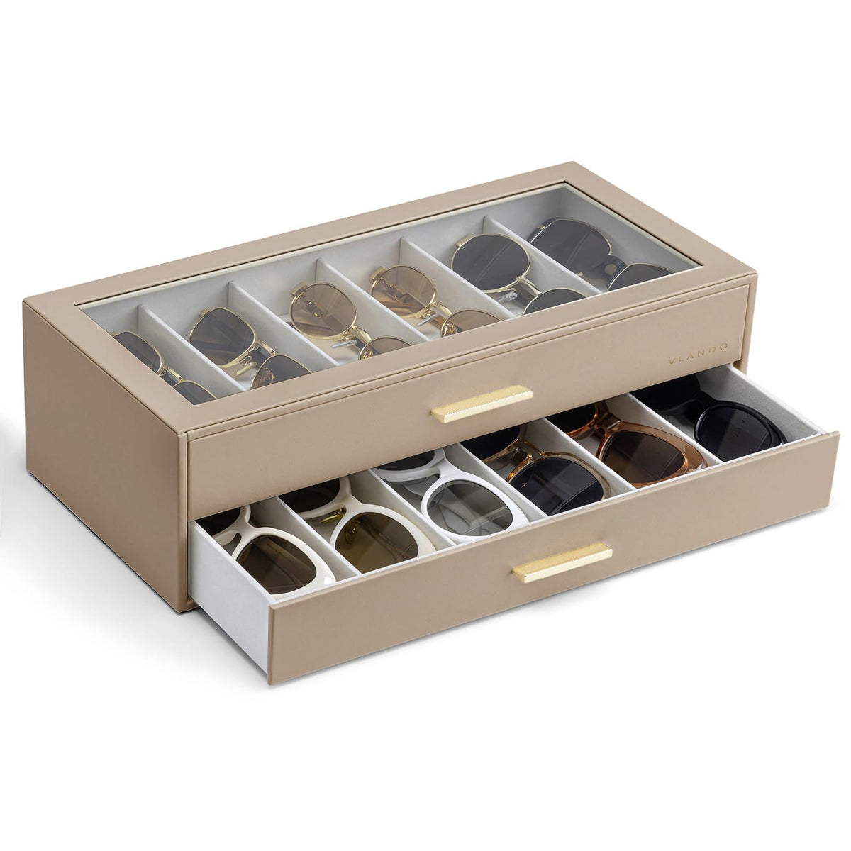 VLANDO 18-Slot Sunglasses Organizer Case with Clear Lid & 3 Drawers,Beige