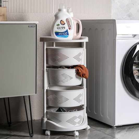 4-Tier Adjustable Kitchen Storage Rack,4 Layer Rotating Vegetable Organizer with Lockable Casters,Multi-Layers Rotatable Baskets for Kitchen Bathroom Living Room,White