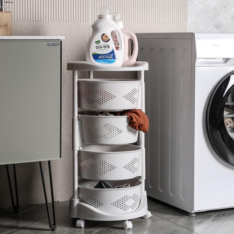 4-Tier Adjustable Kitchen Storage Rack,4 Layer Rotating Vegetable Organizer with Lockable Casters,Multi-Layers Rotatable Baskets for Kitchen Bathroom Living Room,White