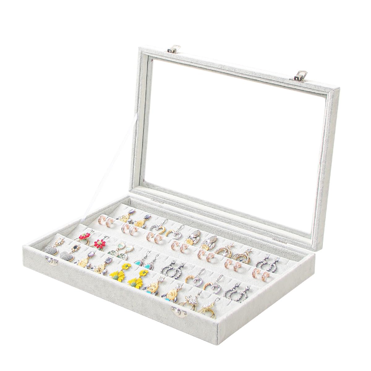 Coward Sunglass Organizer Tray Box, Beige Velvet Grids Eyeglasses Display Tray Case with Transparent Glass Lid for Home Use or Store Shop Selling Show