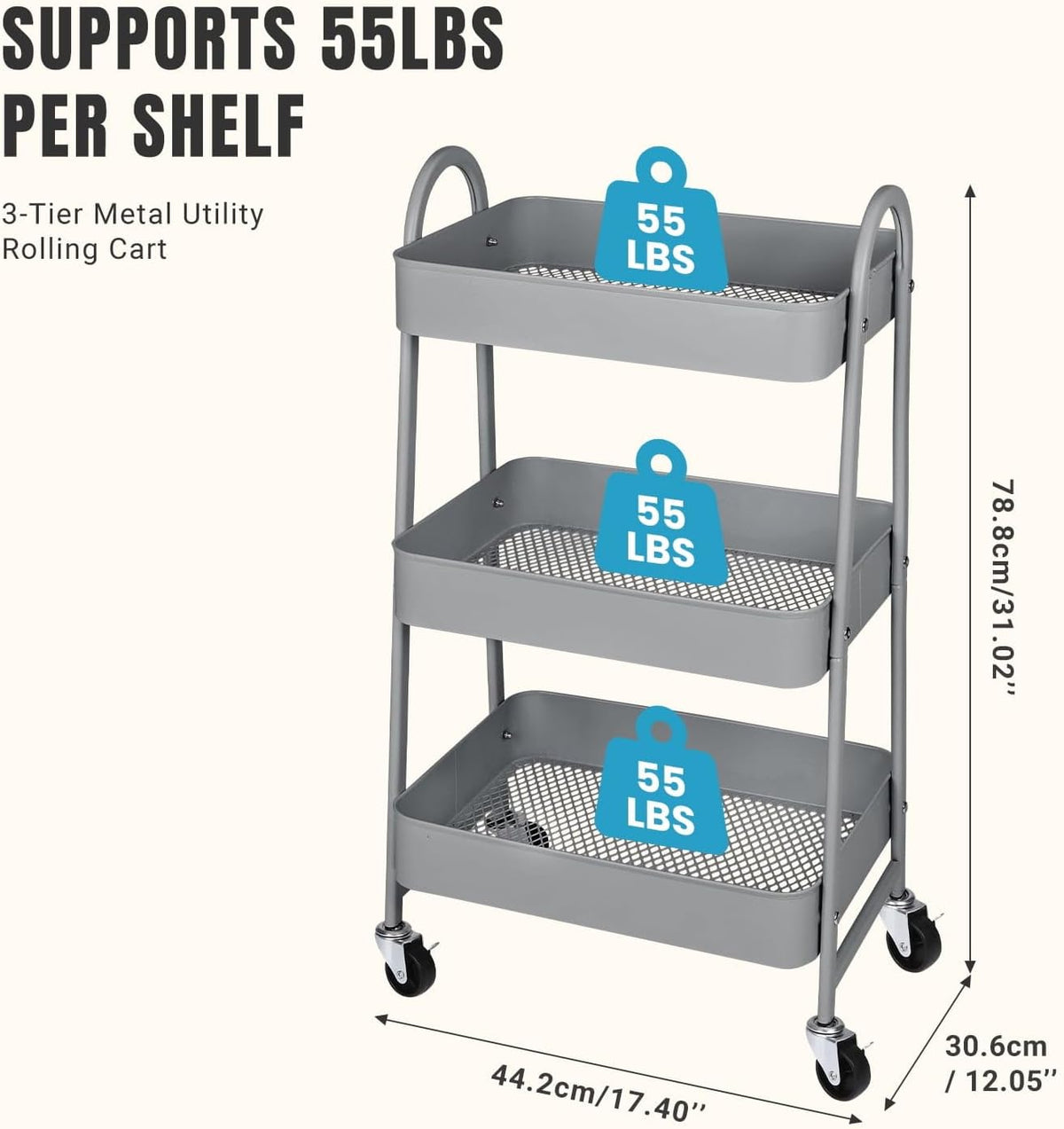 3 Tier Rolling Storage Cart with Lockable Wheels and Handle, Multi Purpose Utility Organizer Cart with Shelves for Kitchen Bathroom Office, Mobile Storage Trolley with Durable Frame