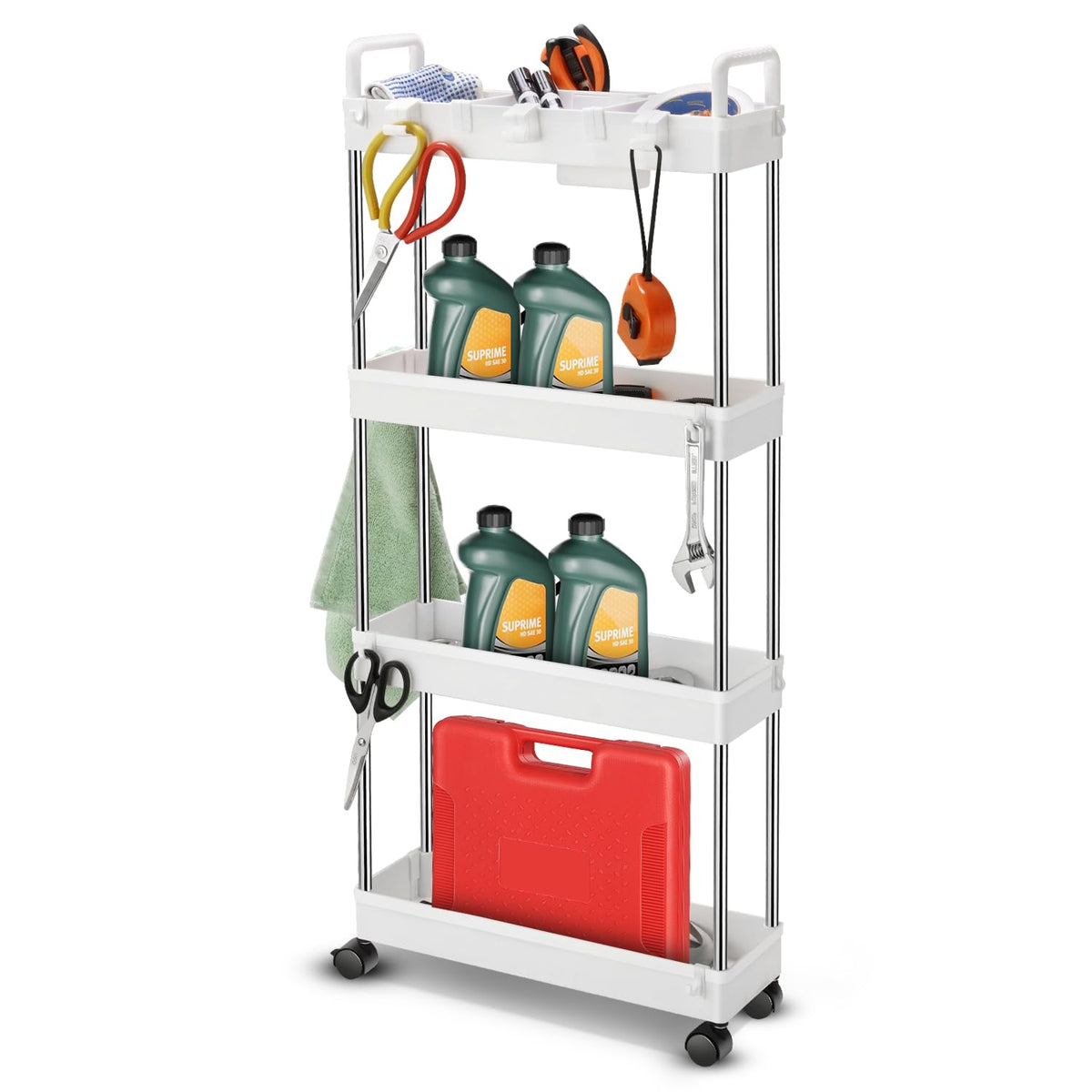 Auto Dynasty 3-Tier Rolling Utility Cart w/Handle, Narrow Storage, White
