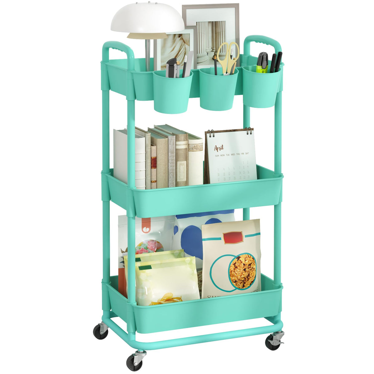 JIUYOTREE 4-Tier Plastic Rolling Storage Cart Utility Cart White