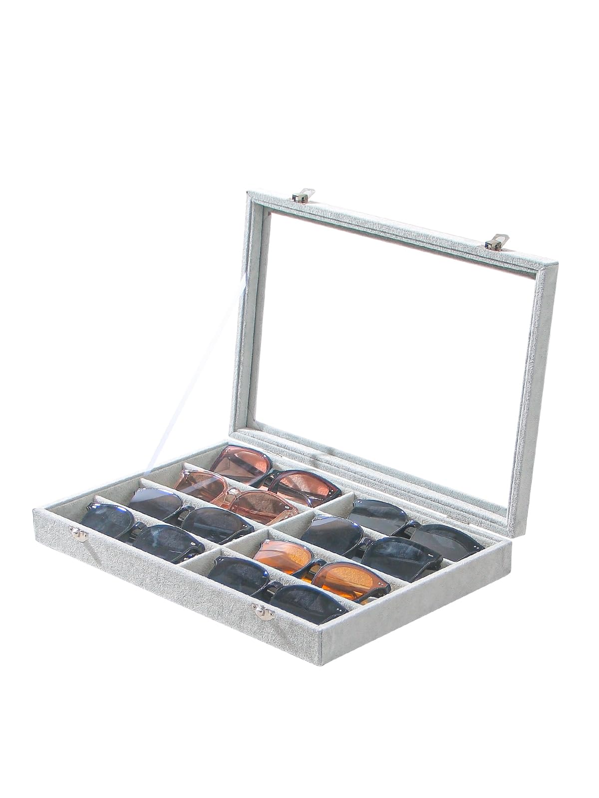 Coward Sunglass Organizer Tray Box, Beige Velvet Grids Eyeglasses Display Tray Case with Transparent Glass Lid for Home Use or Store Shop Selling Show