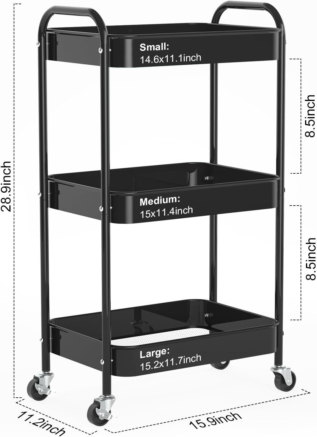 3-Tier Rolling Cart, Metal Utility Storage Carts with Wheels, Black