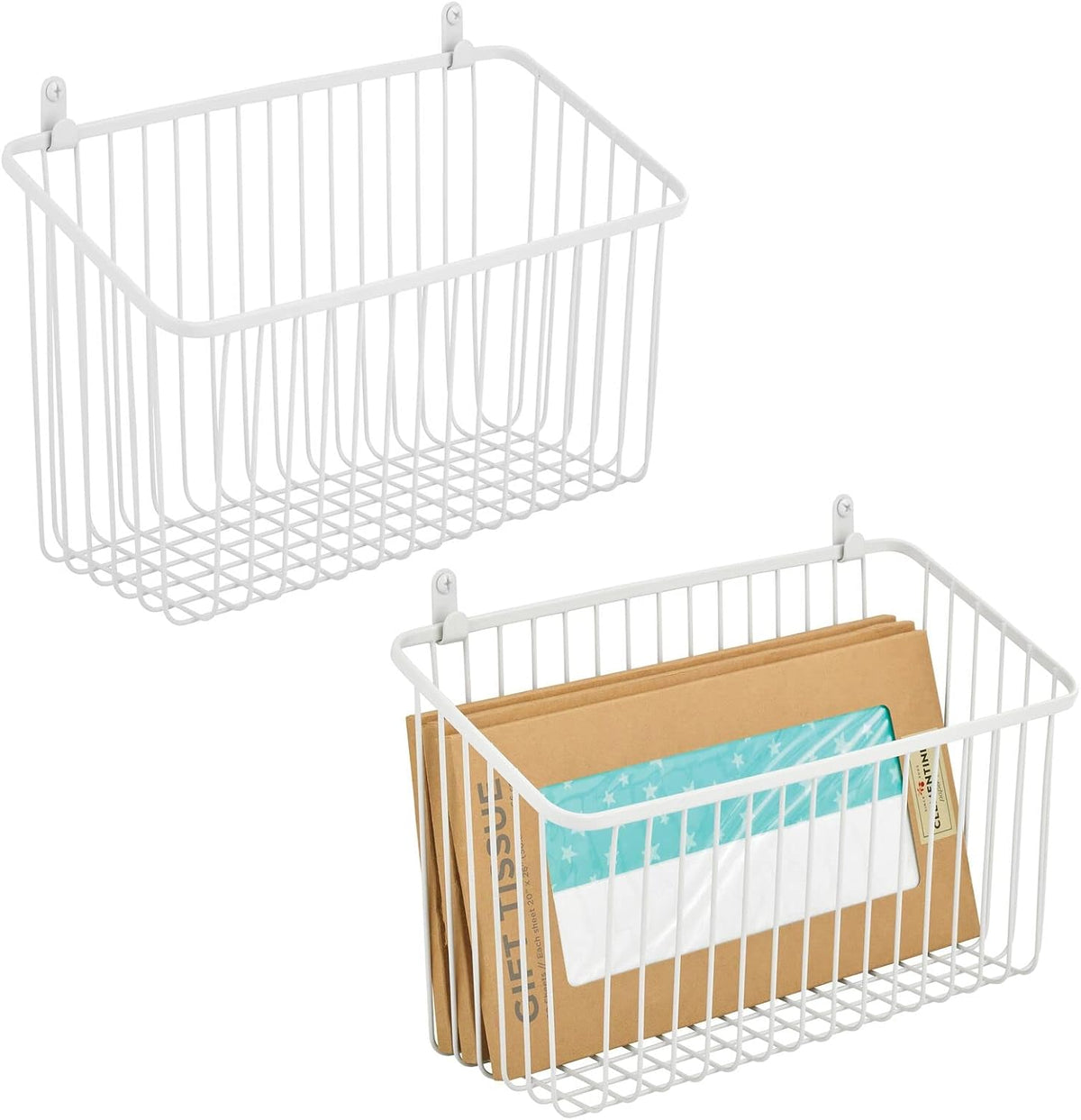 mDesign Small Metal Wire Wall Mounted Storage Organizer Basket Bin for Hanging in Kitchen, Garage, Entryway, Mudroom, Bedroom, Bathroom, Laundry Room - Unity Collection - 2 Pack - White