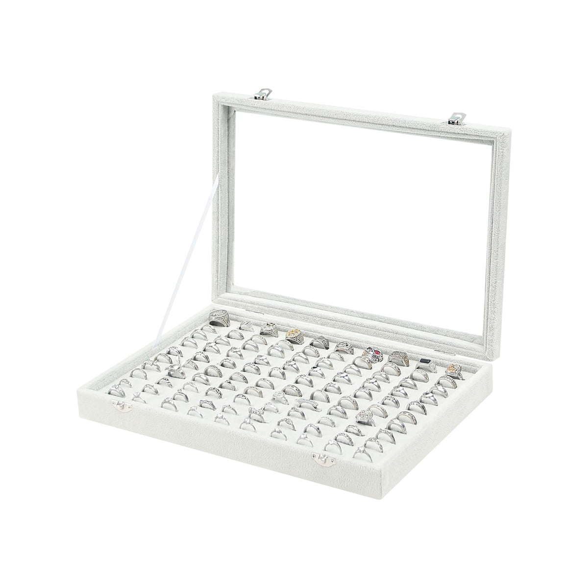Coward Sunglass Organizer Tray Box, Beige Velvet Grids Eyeglasses Display Tray Case with Transparent Glass Lid for Home Use or Store Shop Selling Show