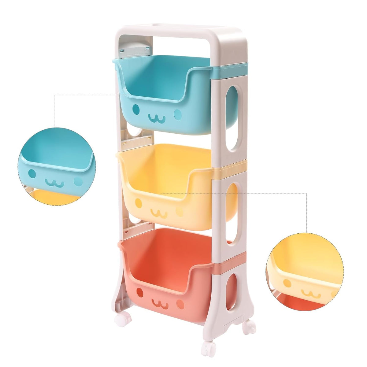 3 Tier Kids' Toys Storage Organizer Bins Baskets, Utility Rolling Fabric Storage Rack Trolley Toy Cart Trolley with Large Storage Boxes, Large Capacity Rolling Carts for Crib, Bedroom, Bathroom