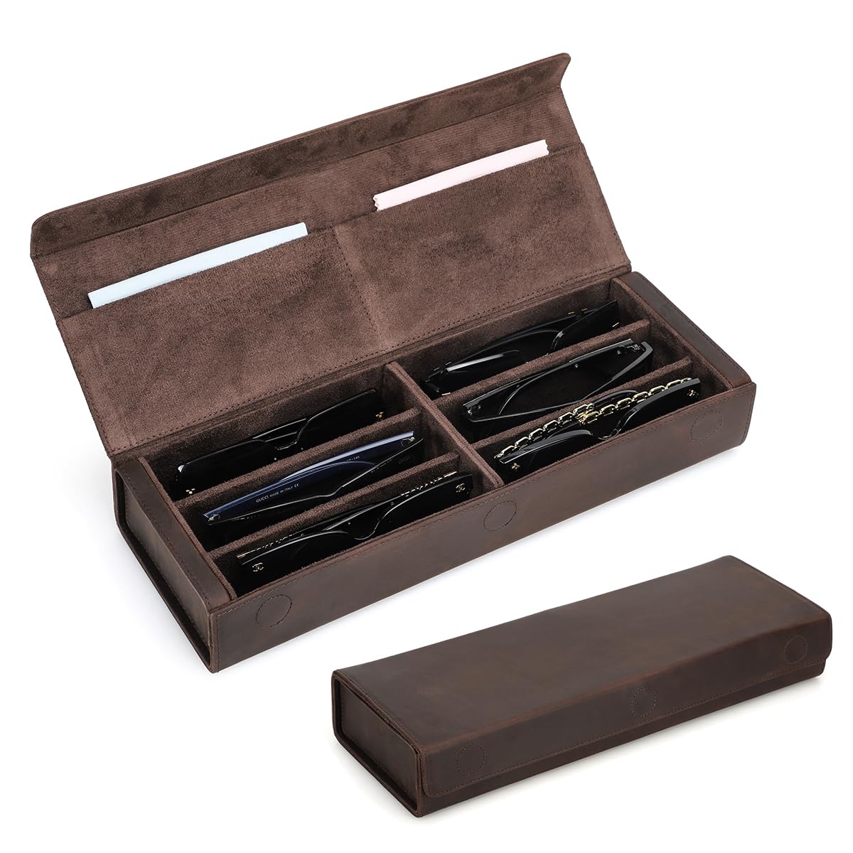 CONTACTS Genuine Leather Sunglasses Travel Case Hard Eyeglasses Box Vintage Eyewear Holder Travel Accessories