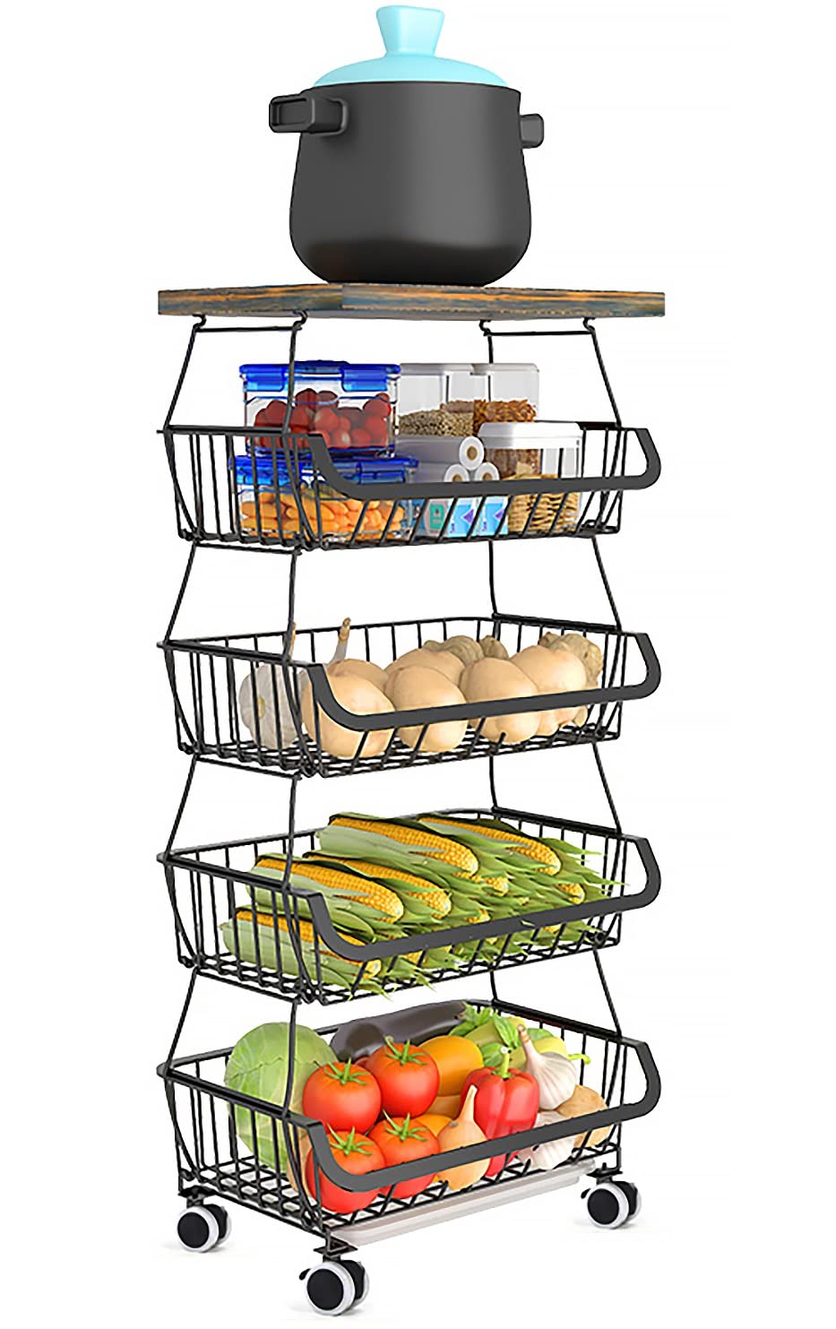 4-Tier Rolling Pantry Floor Organizer with Wheels, Foldable Fruit Vegetable Storage Cart, Metal Wire Pantry Basket, Kitchen Fruit Basket Stand, Vegetable Storage Rack for Fruits Snack Onion Potato
