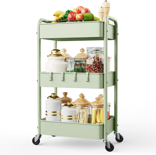 LEHOM 3 Tier Rolling Cart, Metal Rolling Utility Cart with Lockable Wheels