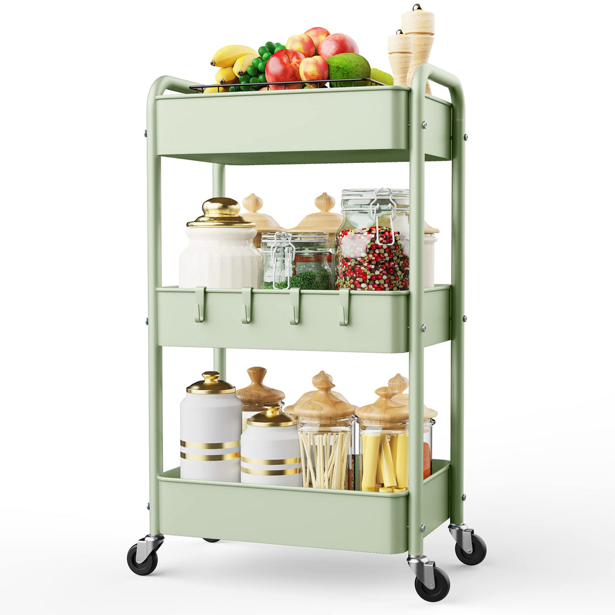 LEHOM 3 Tier Rolling Cart, Metal Rolling Utility Cart with Lockable Wheels