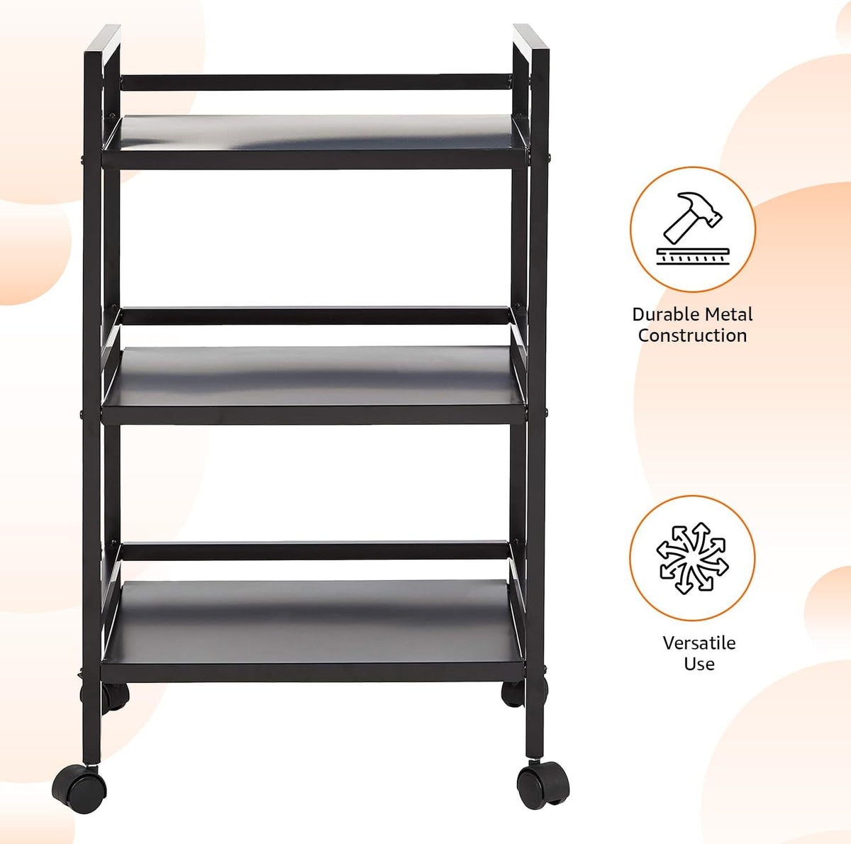 Amazon Basics 3-Tier Metal Rolling Utility Cart, Storage Organizer, Multifunctional Storage, Mobile Shelving, Black